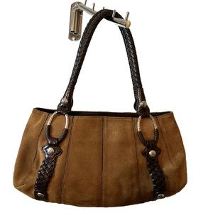 Vintage Brighton Leather Suede Satchel Handbag W Braided Leather Strap Tan